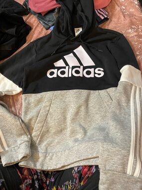 adidas Black, Gray and White Colorblock Pullover Hoodie